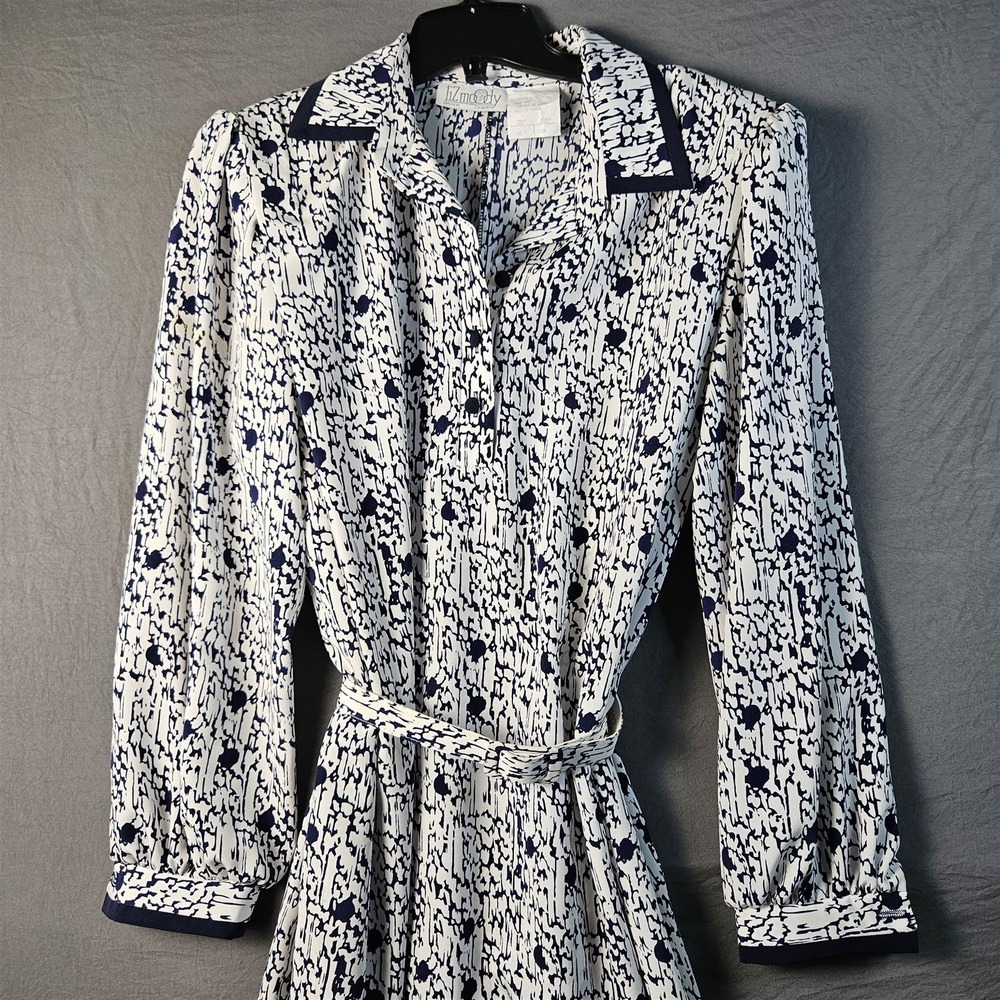 Vintage Liz Moody Navy White Abstract Print Belted Shirt Dress Made in Canada
